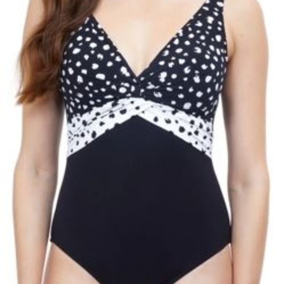Profile by Gottex Dotty Black and White Underwire V-Neck One Piece Swimsuit - Picture 1 of 6